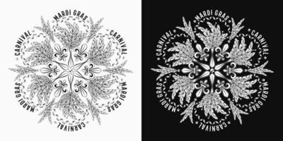 Round monochrome carnival Mardi Gras pattern with fleur de lis symbol, feathers vector