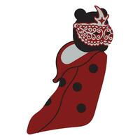 Ladybug in the form of an old graceful lady in a mask. A secret stranger in a ladybug costume runs away from a party. Vector illustration isolated on white background.