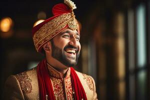 AI generated a indian groom wearing traditional groom outfit smiling at the camera bokeh style background photo