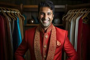 AI generated a indian groom wearing traditional groom outfit smiling at the camera bokeh style background photo