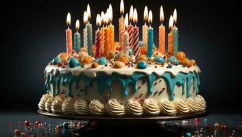 AI generated Birthday cake with colorful candles. Created with Generative AI photo