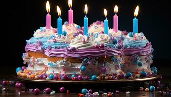 AI generated Birthday cake with colorful candles. Created with Generative AI photo