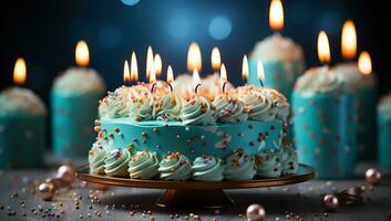 AI generated Birthday cake with colorful candles. Created with Generative AI photo