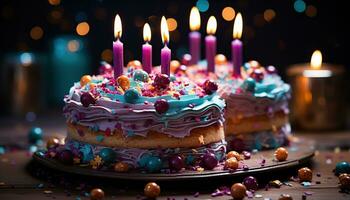 AI generated Birthday cake with colorful candles. Created with Generative AI photo