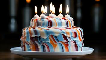 AI generated Birthday cake with colorful candles. Created with Generative AI photo