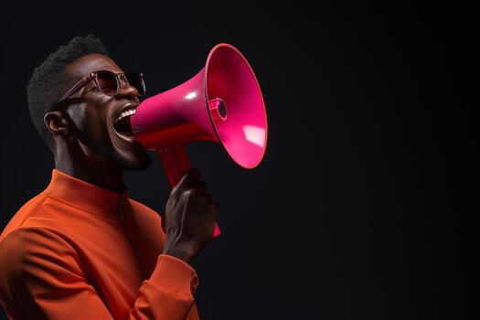 AI generated young man holding megaphone bokeh style background photo