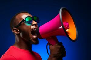 AI generated young man holding megaphone bokeh style background photo