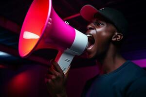 AI generated woman holding megaphone bokeh style background photo