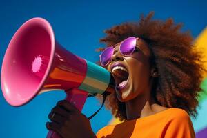 AI generated woman holding megaphone bokeh style background photo