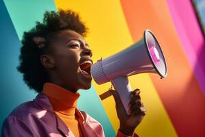 AI generated woman holding megaphone bokeh style background photo