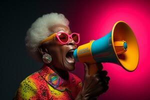 AI generated woman holding megaphone bokeh style background photo