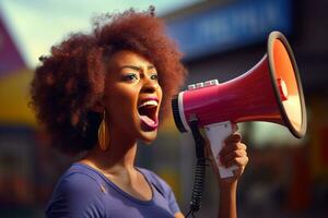 AI generated woman holding megaphone bokeh style background photo