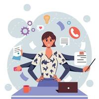 Girl in flat style. White background. Negotiations, business. Internet. Multitasking. Many hands. Time management. Trendy person. Character. Isolated. vector