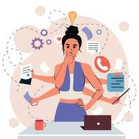 Girl in flat style. White background. Notes, negotiations. Internet. Multitasking. Many hands. Time management. Trendy person. Character. Isolated. vector