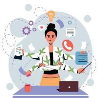 Girl in flat style. White background. Notes, negotiations, business. Internet. Multitasking. Time management. Trendy person. Character. vector