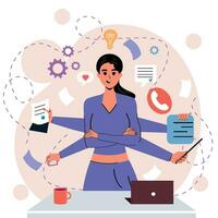 Girl in flat style. White background. Negotiations, business. Multitasking. Many hands. Time management. Trendy person. Character. vector