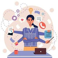 Girl in flat style. White background. Notes, negotiations, business. Internet. Multitasking. Many hands. Time management. Trendy person. Character. Business. Importance. Isolated. vector