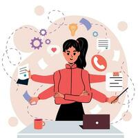 Girl in flat style. White background. Notes, negotiations, business. Multitasking. Many hands. Time management. Trendy person. Character. Business. Isolated. vector