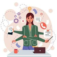 Girl in flat style. White background. Notes, negotiations, business. Internet. Multitasking. Many hands. Time management. Trendy person. Character. vector