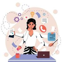 Girl in flat style. White background. Negotiations, business. Multitasking. Hands. Time management. Trendy person. Character. vector