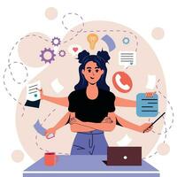 Girl in flat style. White background. Notes, negotiations, business. Multitasking. Many hands. Time management. Trendy person. Character. Business. Isolated. vector