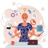 Girl in flat style. White background. Notes, negotiations, business. Internet. Multitasking. Hands. Time management. Trendy person. Character. Business. Importance. Isolated. vector