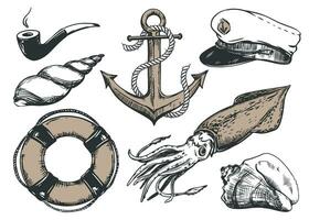 Elements of the life of a sea fisherman. Anchor with a rope, captain's cap, smoking pipe, life buoy, squid, sea clams. Vector illustration in vintage style, engraving effect.