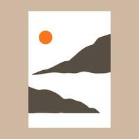 Mountain landscape poster design. Natural abstract backgrounds, hills, sun, silhouettes. Vector illustration