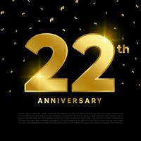 22th anniversary celebration with gold glitter color and black background. Vector design for celebrations, invitation cards and greeting cards.