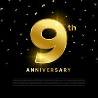 9th anniversary celebration with gold glitter color and black background. Vector design for celebrations, invitation cards and greeting cards.