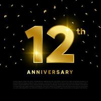 12th anniversary celebration with gold glitter color and black background. Vector design for celebrations, invitation cards and greeting cards.