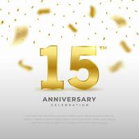 15th anniversary celebration with gold glitter color and white background. Vector design for celebrations, invitation cards and greeting cards.