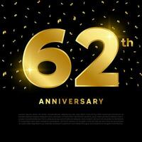 62th anniversary celebration with gold glitter color and black background. Vector design for celebrations, invitation cards and greeting cards.