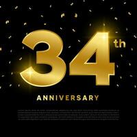 34th anniversary celebration with gold glitter color and black background. Vector design for celebrations, invitation cards and greeting cards.