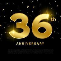 36th anniversary celebration with gold glitter color and black background. Vector design for celebrations, invitation cards and greeting cards.