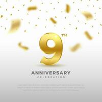 9th anniversary celebration with gold glitter color and white background. Vector design for celebrations, invitation cards and greeting cards.