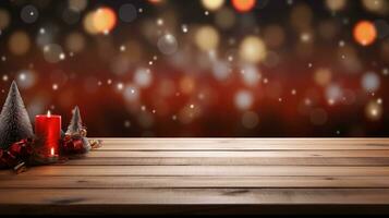 AI generated Empty Wooden Table with Christmas Theme in the Background photo