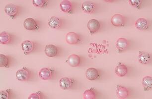 Creative trendy pattern made of pink Christmas baubles on pastel pink background. New Year party background. Minimal style. Christmas or New Year concept. Winter holidays celebration idea. Flat lay. photo