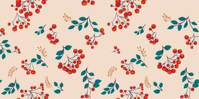 Seamless pattern with abstract, colorful berry bouquets on a beige background. Creative, stylized Juniper, boxwood, viburnum, barberry. Botanical illustration print. Vector drawn hand sketch.