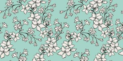 Blooming simple branches flowers in a intertwined seamless pattern. Vector hand drawn sketch. Pastel mint floral print. Template for design