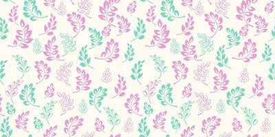 Vibrant, flat tiny branches leaves with drops, dots, spots pattern. Seamless simple pastel pink background. Vector hand drawn doodle sketch. Design for fabric, fashion, wallpaper, textile