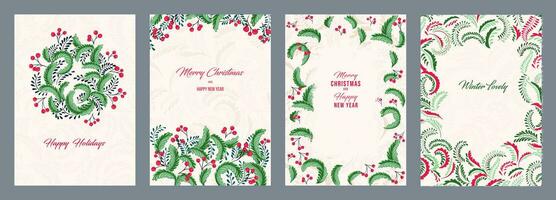 Christmas templates with copy space. Set of Merry Christmas, New Year greeting cards with vector hand drawn decorative, abstract, green Christmas wreath, decorative floral frame background