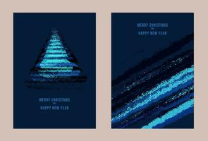 Set Xmas holiday cards dark blue with copy space. A blue neon abstract background with christmas tree. Vector illustrations of printing, corporate invitation, greeting cards, banner.