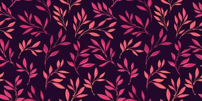 brillante rosado naranja minúsculo vástago hojas sin costura modelo en un oscuro antecedentes. vector mano dibujado bosquejo. creativo resumen sencillo naturaleza hoja impresión. modelo para diseño, textil, Moda