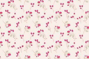 Seamless minimalist, simple, gently light pattern. Abstract tiny twigs leaves berries, with drops, dots, spots. Vector hand drawn. Template for textile, fashion, surface design fabric