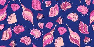 verano linda Oceano mar conchas sin costura modelo. vector mano dibujado garabatear bosquejo. vistoso conjunto de rosado conchas en un azul antecedentes. ilustración para verano diseño, imprimir, exótico fondo de pantalla, textil