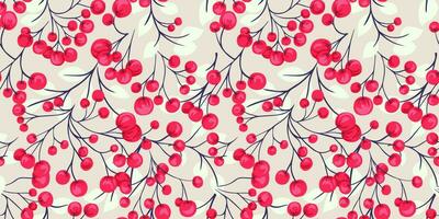 Creative bright pink red branches berries intertwined in a seamless pattern on a light background. Vector hand drawn sketch doodle . Juniper, boxwood, viburnum, barberry. Botanical illustration print.