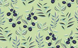 Creative stem leaves olive branch, olive berries, seamless pattern on a pastel mint background. Modern, stylized, vibrant branches leaf print. Vector hand drawn flat sketch. Design for fashion