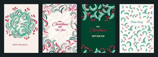 Colorful Christmas templates with copy space. Set of Merry Christmas, New Year greeting cards with vector hand drawn decorative, abstract, green Christmas wreath, ornate floral frame background