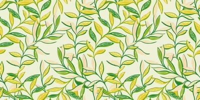 Creative simple  leaves intertwined in a seamless pattern. Trendy, modern, colorful yellow green leaves. Vector hand drawn sketch. Template for textile, fashion, print, surface design, fabric